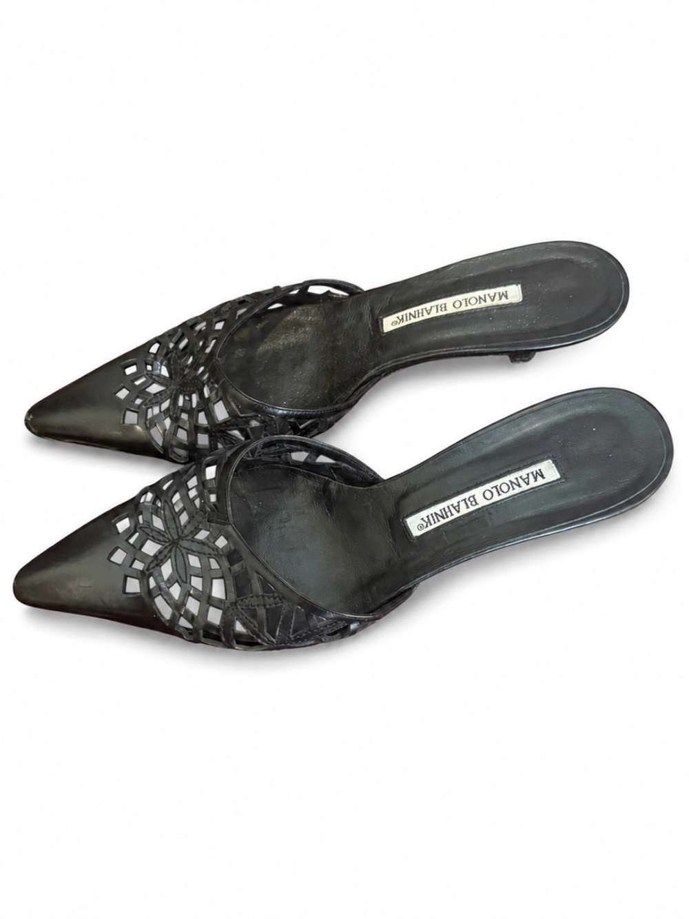 Manolo Blahnik Black Laser-Cut Pointed Toe Mules
